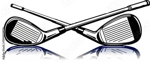 Two crossed golf clubs in a black and white illustration with a reflective surface