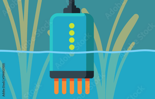 A stylized pool sensor floats in water, measuring water level. Clean, modern design with vibrant teal and orange accents. Ideal for tech, water, or pool-related visuals.