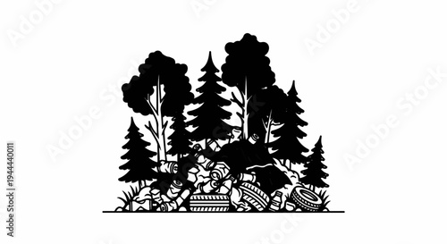 Forest scene marred by pile of trash including tires and cans