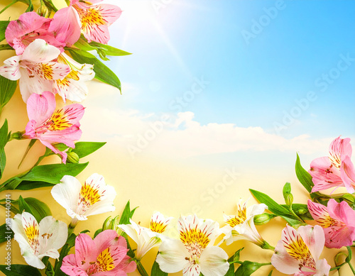 Wallpaper Mural spring flowers frame. botanical flatlay border of alstroemeria lily like flowers on blue sky background Torontodigital.ca