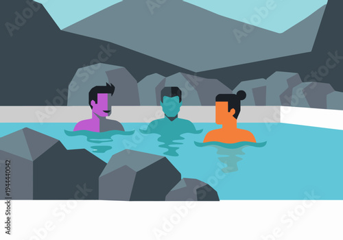 Three friends relax in a vibrant outdoor thermal pool. Bold colors and geometric shapes create a modern, inviting scene. Perfect for lifestyle and travel imagery.