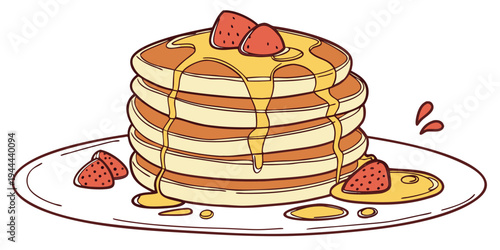 Stack of pancakes with strawberries and syrup on a plate