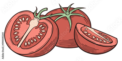 Three red tomatoes one whole and two halved seeds