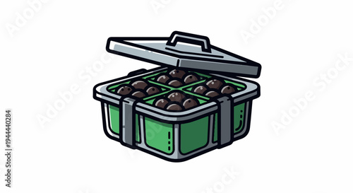A cartoon of a square green container filled with dark round items
