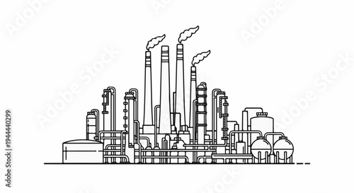 Industrial plant with tall smokestacks emitting smoke and complex pipe network