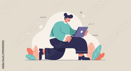 Person kneeling on one leg, using a laptop amidst abstract shapes and foliage