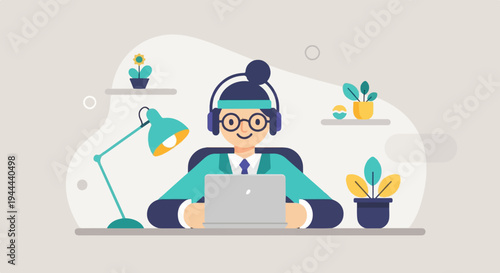 Person wearing headphones and glasses works on a laptop at a desk with plants