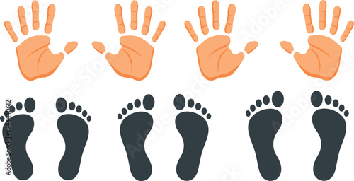 Human handprints and footprints collection, palm and foot print symbols for identity, kids activities and forensic concept vector illustration set