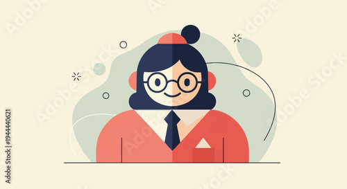Minimalist cartoon of a person with glasses, a bun, and a tie, set against abstract shapes