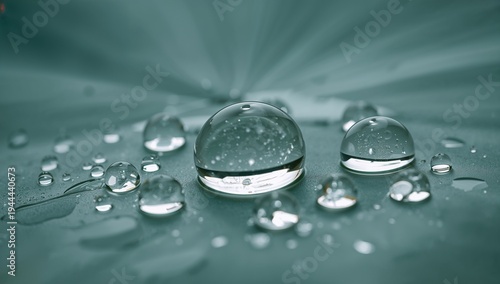 Showing large central water droplet resting on smooth green leaf with bubbles, highlights, bokeh