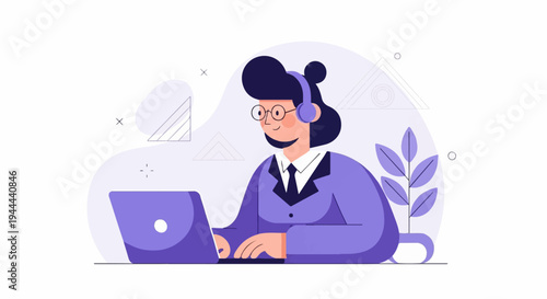 Smiling person with headphones at laptop in purple