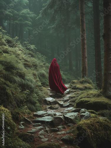 A mysterious woman in a long flowing red cloak.