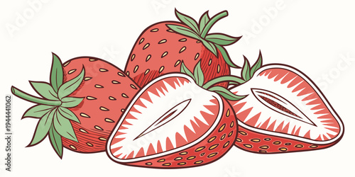 Four strawberries with green leaves on a white background fruit