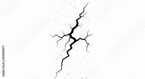 Stylized jagged black crack with small grey speckles on white