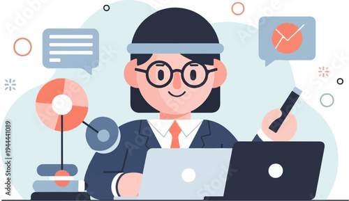 Person working on laptops with charts and chat bubbles