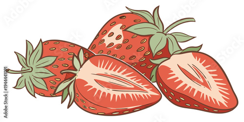 Four strawberries with green leaves on a white background in color fruit