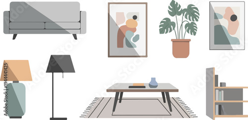 Modern living room decor with abstract art, plants, and furniture