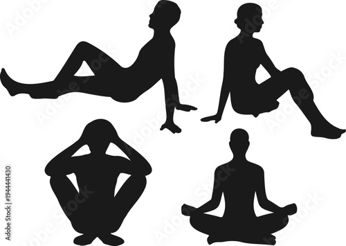 Collection of People Silhouettes in Relaxing and Meditation Poses for Wellness and Yoga Concept