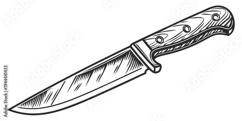 Black and white of a knife with a wooden handle sharp pointed