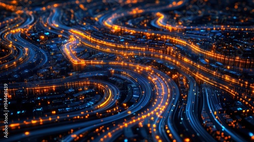 Abstract cityscapes with flowing, glowing roads
