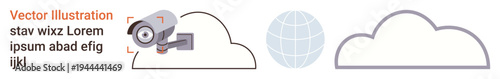 Data security, cloud computing, technology, internet safety, digital storage, online services. Surveillance camera facing a cloud and a globe icon. Cloud computing and data security concept