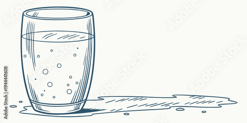 Glass of bubbly water with spill on white background bubbles