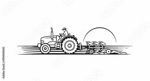 Farmer driving tractor with plow through field