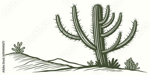 Green cactus plant in desert landscape with hills prickly
