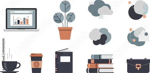 Flat design icons for business and lifestyle laptop, plant, coffee, books, bag