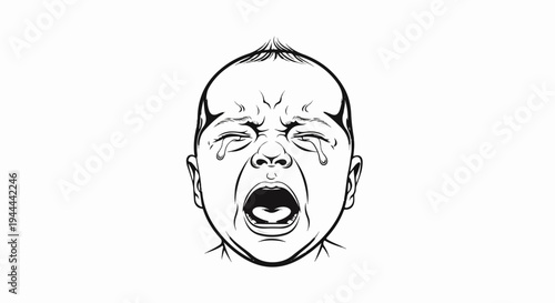 Black and white sketch of a crying baby's face