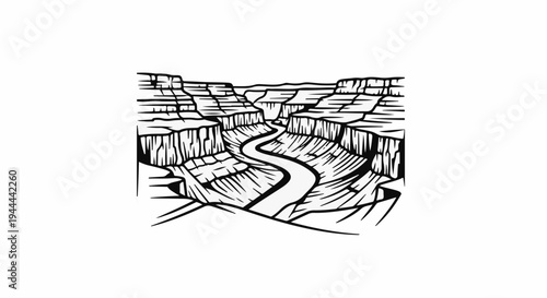 Black and white illustration of a deep river gorge with winding waterway and stratified cliffs