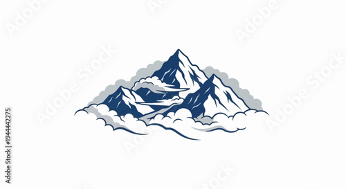 Stylized peaks emerge from soft clouds, a mountainous vista
