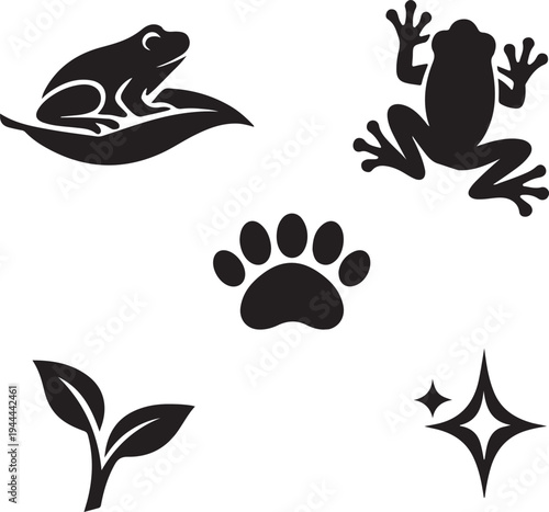 Set of black graphic frog icons featuring an amphibian