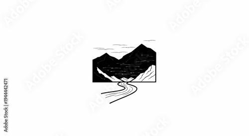 A winding river flows through a valley between dark, majestic mountains