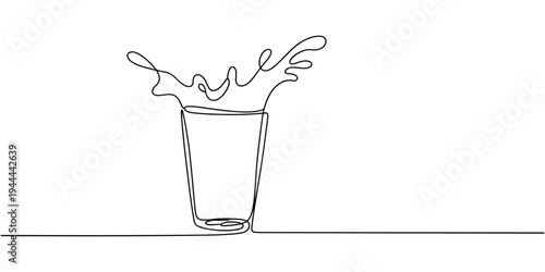 Single continuous line drawing milk pouring into glass creating splashes. Splashing milk in a glass. Milk splash in a glass. Dairy poured into glass. One line draw design graphic vector illustration