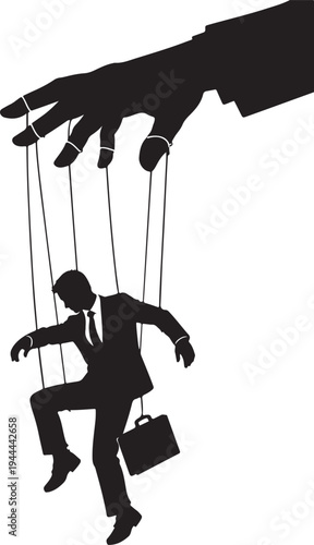  Silhouette of a businessman puppet controlled by a large hand with strings on a white background