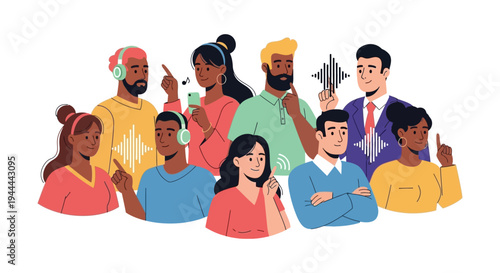 Diverse People Engaging with Audio: Listening, Discussing, and Sharing Ideas with Sound Waves, Headphones & Smartphones. Concept of Communication, Podcasts & Music.