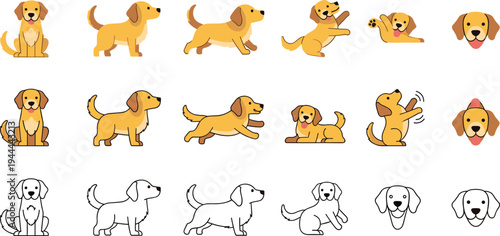 Cute Dog Cartoon Character Vector Set with Happy Puppy Poses, Sitting, Running, Playing, and Pet Animal Illustration Collection