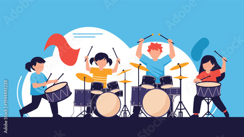 Group of children playing drums in a marching band with colorful flags and a bright blue sky in the summer day background.
