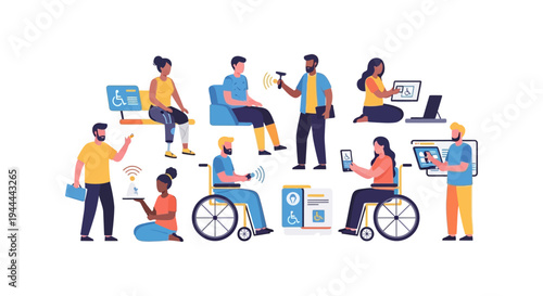Digital Accessibility & Inclusion: Diverse People with Disabilities Using Modern Technology. Flat Vector Illustrating Empowering Access.