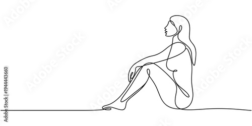 naked woman sitting continuous one line drawing, hand drawn young beauty woman sitting back side one line drawing continuous minimalism copy space thin line illustration.