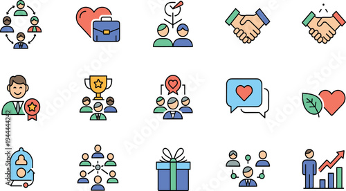 Corporate Social Responsibility and Teamwork Line Icon Set Featuring Charity, Partnership, Community Support, Leadership, Growth, Donation and Business Collaboration Concepts.