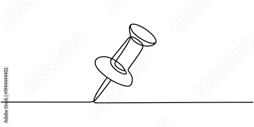 A pushpin drawn in one line. Minimalist linear pin icon attaching paper, Continuous one line drawing of a paper pin. Drawing pin. Vector illustration. Single line pushpin, Linear background of pin.