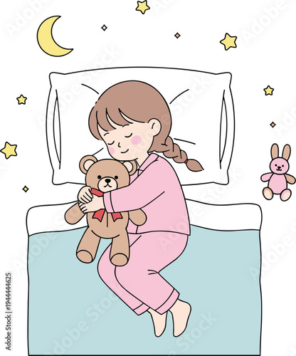 Cute little girl sleeping in bed hugging teddy bear at night with moon and stars children bedtime cartoon vector illustration