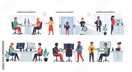 Diverse Business Professionals Working in Modern, Inclusive Office Environment. Team Collaboration, Data Analysis, and Accessibility Illustration.