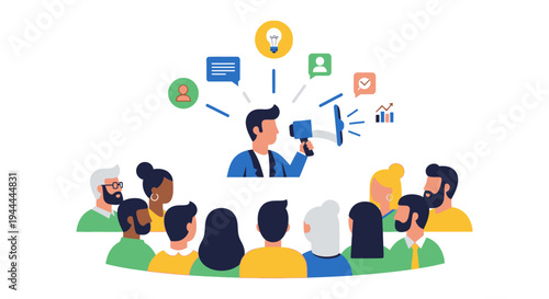 Speaker with Megaphone Engaging Diverse Audience: Leadership, Communication, Marketing & Idea Sharing