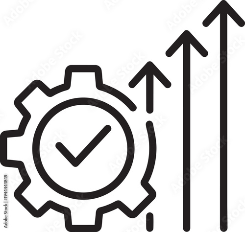 Gear cogwheel with approved checkmark and three upward arrows symbolizing successful continuous operational process improvement and business