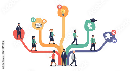 Diverse individuals navigate career paths and life choices, guided by education, innovation, and problem-solving, illustrating personal and professional growth.