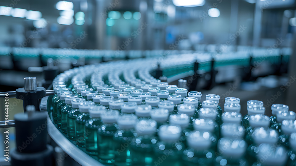 Obraz premium Pharmaceutical Production Line with Vials Moving on Conveyor Belt in Factory