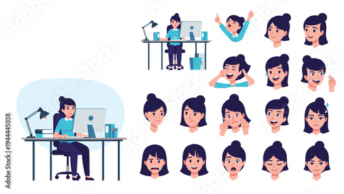 Collection of female character illustrations working at a computer desk with various facial expressions and different emotions.